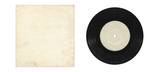 a 7 inch format vinyl record mockup isolated on transparent background, separated sleeve and disc with empty space for music cover design