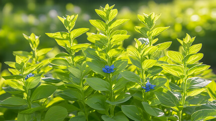 Obraz premium Vibrant green foliage bathed in sunlight, showcasing delicate blue flowers blooming in a lush garden setting.