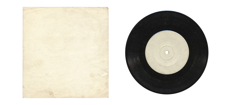 a 7 inch format vinyl record mockup isolated on transparent background, separated sleeve and disc with empty space for music cover design