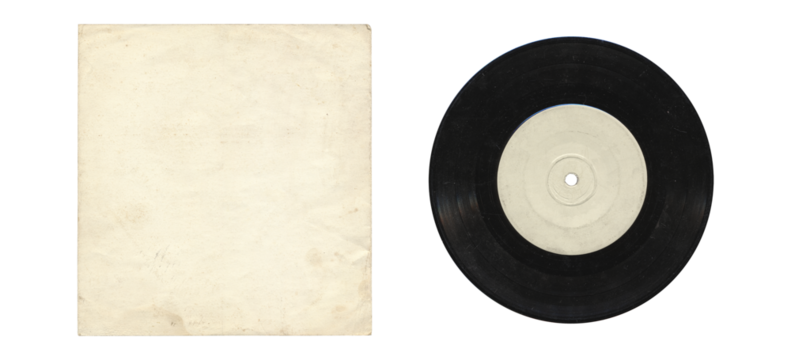 a 7 inch format vinyl record mockup isolated on transparent background, separated sleeve and disc with empty space for music cover design