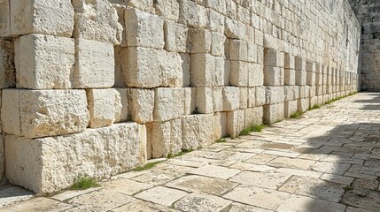 Ancient stone wall and paved walkway.  A long, low wall constructed of large, light-colored rectangular blocks,  creates a walkway paved with matching, smaller blocks.