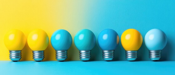 Naklejka premium Colorful light bulbs in a row, yellow and blue tones, suggesting creativity and ideas on a vibrant backdrop