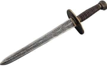 Ornate dagger with floral designs on the blade and a textured handle, set on a plain background