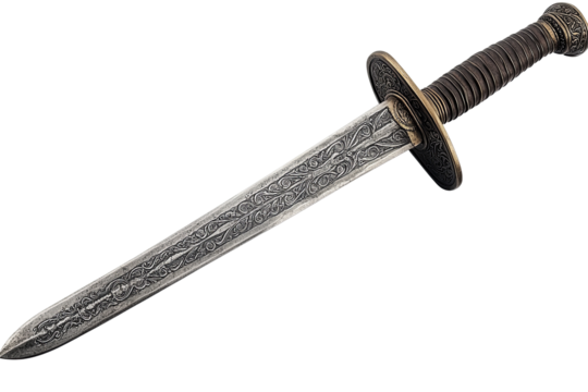 Ornate dagger with floral designs on the blade and a textured handle, set on a plain background - Powered by Adobe