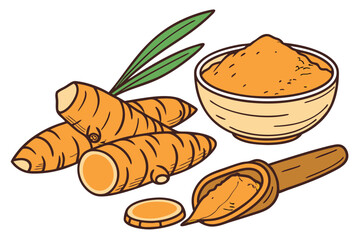 6 Turmeric roots, fresh turmeric, sliced turmeric, turmeric powder, vibrant orange, earthy spice, culinary ingredients, organic produce, aromatic spices, Indian cuisine, anti-inflammatory superfood, r