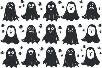 A playful pattern featuring various cartoon ghosts with different facial expressions and small insects.