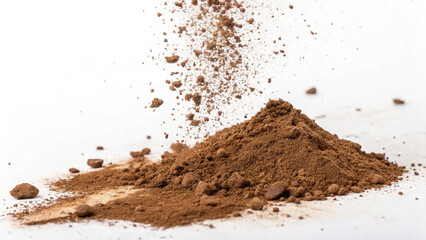Brown powder with textured clumps and scattering dust captured mid-air in a clean, bright studio environment.