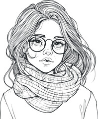 Fototapeta premium A stylish line art illustration of a girl wearing glasses and a scarf with flowing hair.