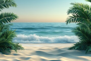 Tranquil beach scene with gentle waves framed by lush palm leaves under a serene sky