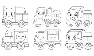 Set of Cute Cartoon Trucks Coloring Page Illustration
