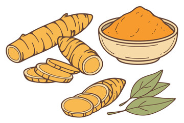 6 Turmeric roots, fresh turmeric, sliced turmeric, turmeric powder, vibrant orange, earthy spice, culinary ingredients, organic produce, aromatic spices, Indian cuisine, anti-inflammatory superfood, r