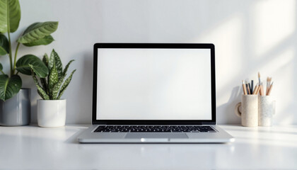 Fototapeta premium Minimalist laptop setup with greenery, modern workspace aesthetics