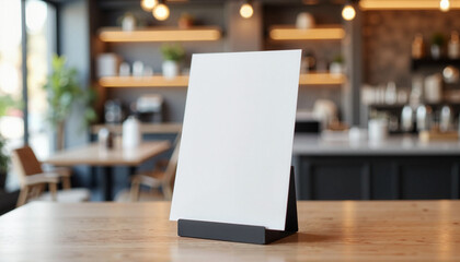 Modern flyer display on café counter, promotional branding concept