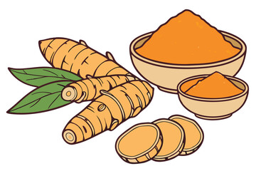 6 Turmeric roots, fresh turmeric, sliced turmeric, turmeric powder, vibrant orange, earthy spice, culinary ingredients, organic produce, aromatic spices, Indian cuisine, anti-inflammatory superfood, r