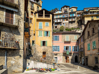 Fototapeta premium Picturesque Streets and Colorful Houses of Saorge Village: A Charming Snapshot of the Southern French Countryside