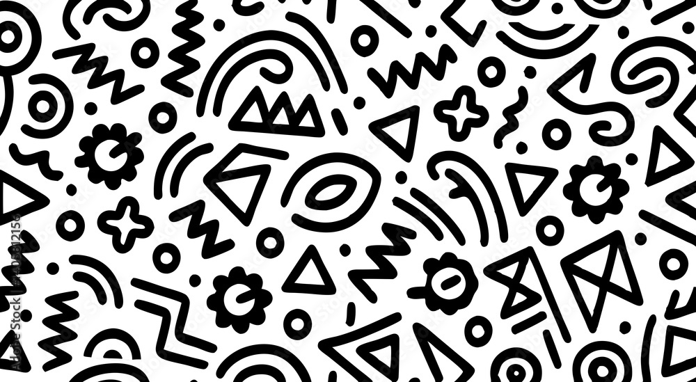 Poster abstract geometric shapes: a vibrant array of interconnected black geometric shapes and dynamic line