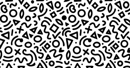 Obraz premium Abstract Geometric Pattern: A seamless, repeating pattern featuring a vibrant blend of black geometric shapes on a white background, ideal for adding a dynamic and playful touch to any design project.
