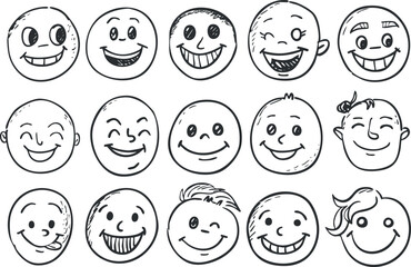 A collection of cartoon faces showcasing various happy and playful expressions in simple line art.