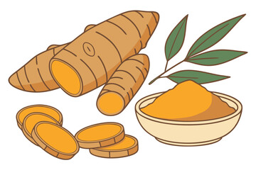 6 Turmeric roots, fresh turmeric, sliced turmeric, turmeric powder, vibrant orange, earthy spice, culinary ingredients, organic produce, aromatic spices, Indian cuisine, anti-inflammatory superfood, r