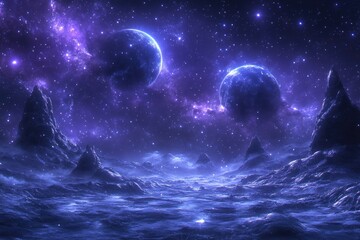 Celestial landscape with planets, stars, and misty mountains under a vibrant, starry, blue, and purple sky