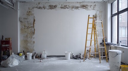 A raw, gutted room undergoing renovation. Peeling wallpaper, paint buckets, and a ladder suggest ongoing work near a large window