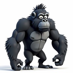 Naklejka premium A cartoon gorilla standing on a white background with a funny expression and big muscles