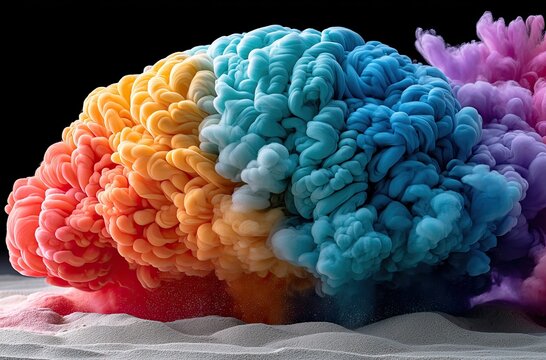 A colorful brain exploding in an explosion of color, against a black background