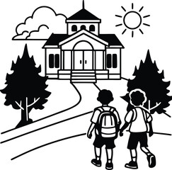 Black and White Illustration of Children Walking to School on a Sunny Day 