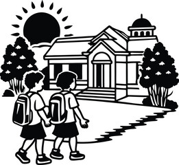 Black and White Illustration of Children Walking to School on a Sunny Day 