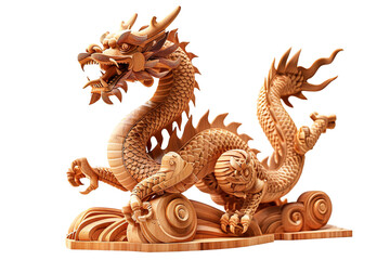 Fototapeta premium Carved dragon statue on wave stand, detailed scales, sharp claws, and flowing mane in bright sun. Ancient creature captured in wood