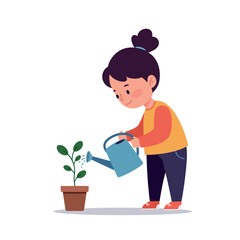 A young girl in a colorful outfit watering a small green plant in a pot, featuring a flat and cheerful design style, vector illustration