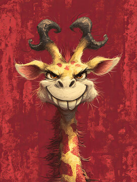 Childlike illustration of a cute, cheeky giraffe with a devilish smile.