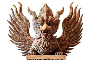 Intricate wooden sculpture of a mythical Garuda bird with outstretched wings on a transparent background