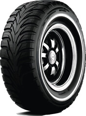 Detailed Black-and-White Illustration of a Classic Car Tire with Bold Tread Pattern