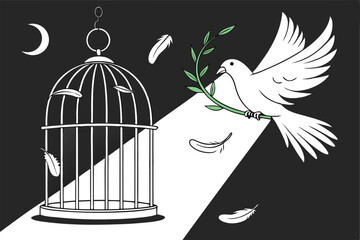 8 white dove, olive branch, breaking free, open birdcage, freedom symbolism, feathers falling, dramatic lighting, minimalist composition, symbolic imagery, hope, peace, liberation, high contrast, shad