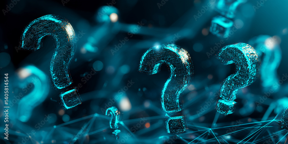 Aufkleber Abstract image of glowing cyan question marks, digitally rendered, floating in a dark space with network lines, symbolizing inquiry, uncertainty, or digital questions