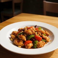Fototapeta premium Chinese-style spicy stir-fried chicken with peanuts and chili peppers — Kung Pao Chicken