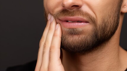 Fototapeta premium Closeup of person with toothache, holding jaw, Tooth pain