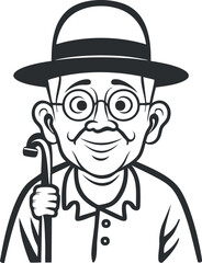 Fototapeta premium A cheerful elderly man with glasses and a hat holding a walking stick in a friendly pose.