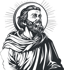 A vintage black and white illustration of a bearded man with a halo and robe.
