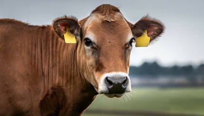 Headshot of a Dutch brown cow with yellow eartag