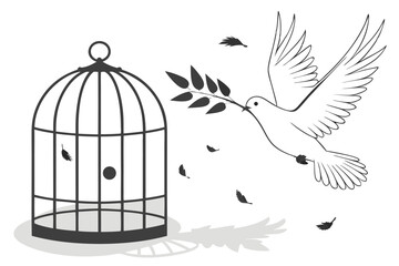 Fototapeta premium 8 white dove, olive branch, breaking free, open birdcage, freedom symbolism, feathers falling, dramatic lighting, minimalist composition, symbolic imagery, hope, peace, liberation, high contrast, shad