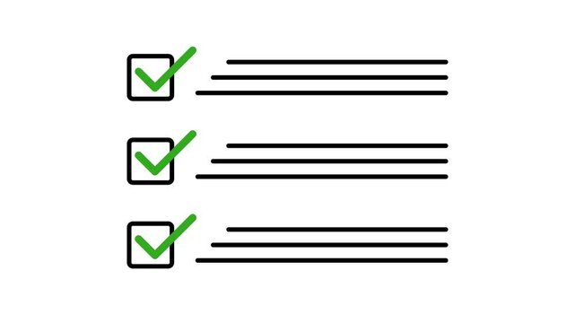 Animated checklist with green checkmarks appearing. To-do list animation on white and transparent background with alpha channel. Task completion visual. For project management, reminders, goals, plans