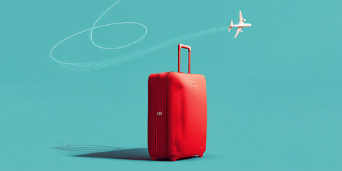 Red suitcase on teal background, airplane overhead leaving contrail, symbolizing travel and journey, evokes wanderlust and adventure