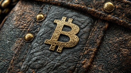 Bitcoin emblem on aged leather container