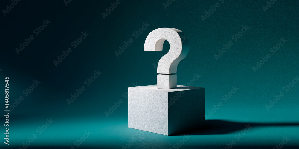 Poster white question mark on white cube against teal background, showcasing uncertainty, inquiry, or a nee