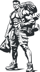 Fototapeta premium A muscular man stands confidently with a backpack and duffel bag ready for adventure.