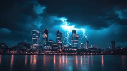 Naklejka premium A Stormy Night in the City with Lightning Striking Above Skyscrapers