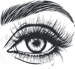 Obraz premium Detailed black and white illustration of an expressive eye with long eyelashes and intricate features