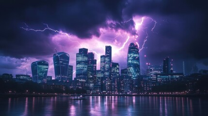 Fototapeta premium Lightning strikes above a modern city skyline during a dramatic night. Dark clouds cover the buildings with striking purple hues.
